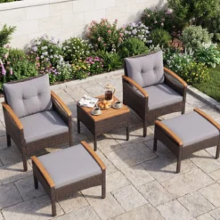 Rattan Gartenmöbel Set inkl. 2 Stühle mit Hocker & Tisch & Kissen Akazienholz Balkonset Grau