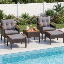 Rattan Gartenmöbel Set inkl. 2 Stühle mit Hocker & Tisch & Kissen Akazienholz Balkonset Grau