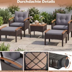Rattan Gartenmöbel Set inkl. 2 Stühle mit Hocker & Tisch & Kissen Akazienholz Balkonset Grau