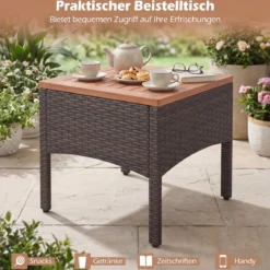 Rattan Gartenmöbel Set inkl. 2 Stühle mit Hocker & Tisch & Kissen Akazienholz Balkonset Grau