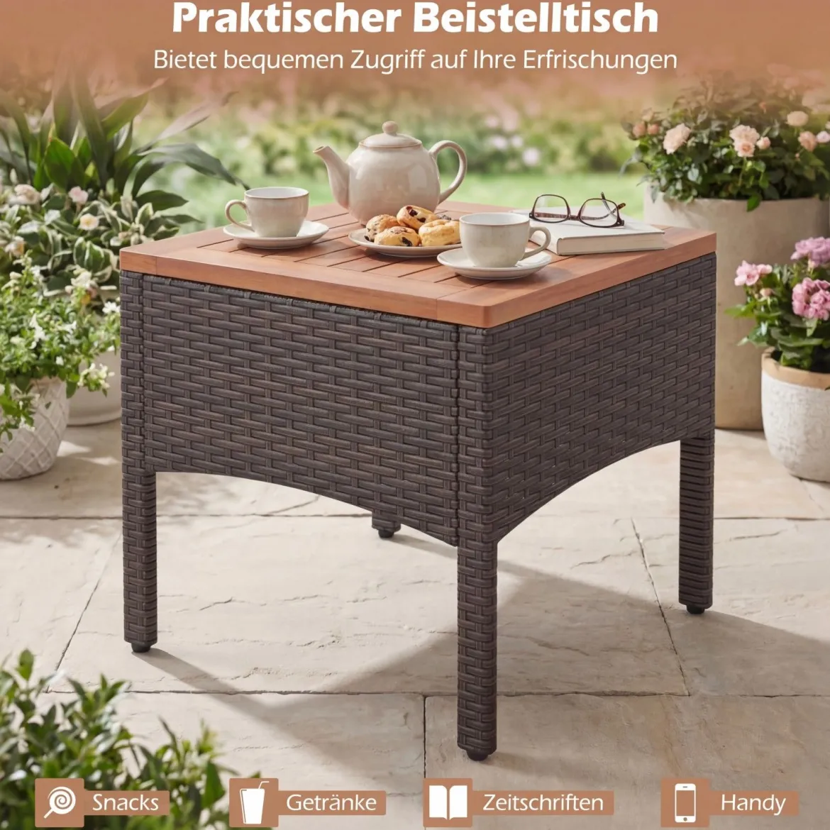 Rattan Gartenmöbel Set inkl. 2 Stühle mit Hocker & Tisch & Kissen Akazienholz Balkonset Grau