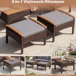 Rattan Gartenmöbel Set inkl. 2 Stühle mit Hocker & Tisch & Kissen Akazienholz Balkonset Grau