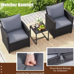 Rattan Gartenmöbel Set inkl. 2 Stühle mit Kissen & Tisch aus Glas Outdoor Sitzgruppe Schwarz-Grau