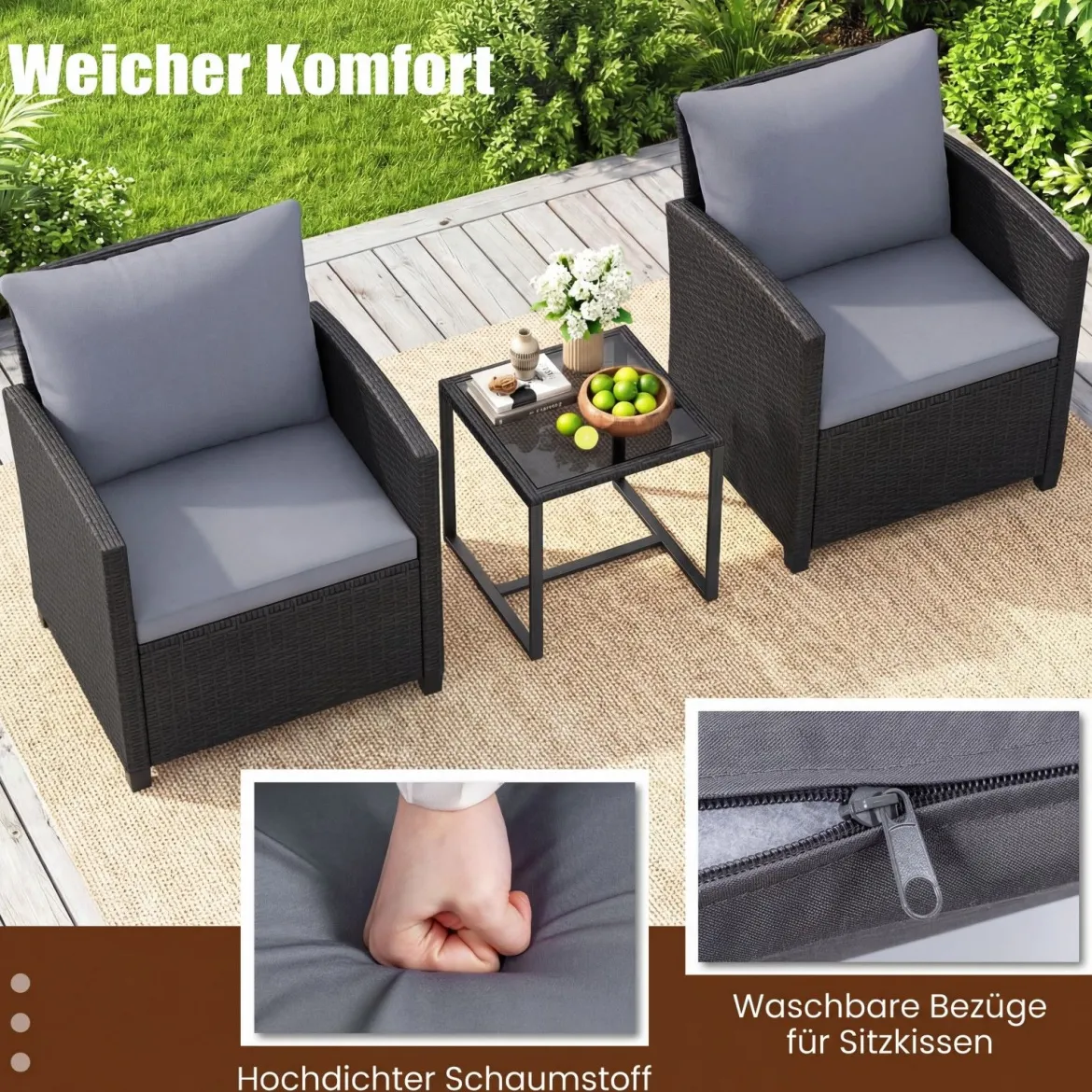 Rattan Gartenmöbel Set inkl. 2 Stühle mit Kissen & Tisch aus Glas Outdoor Sitzgruppe Schwarz-Grau