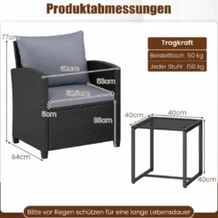 Rattan Gartenmöbel Set inkl. 2 Stühle mit Kissen & Tisch aus Glas Outdoor Sitzgruppe Schwarz-Grau
