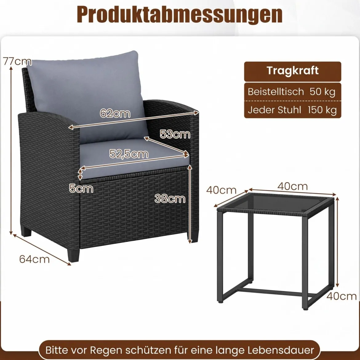 Rattan Gartenmöbel Set inkl. 2 Stühle mit Kissen & Tisch aus Glas Outdoor Sitzgruppe Schwarz-Grau