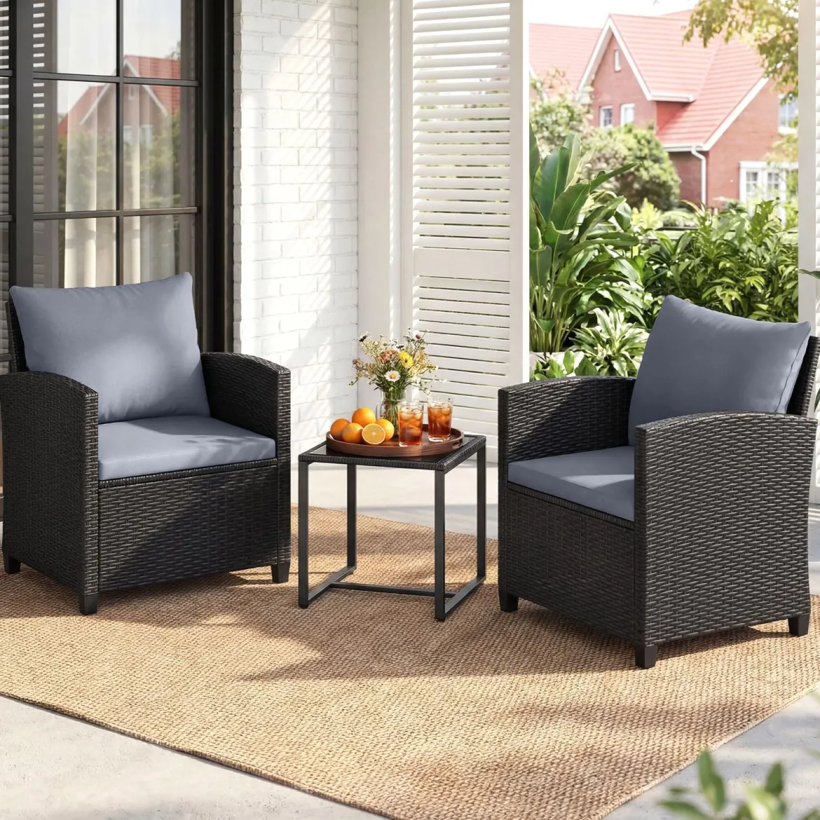 Rattan Gartenmöbel Set inkl. 2 Stühle mit Kissen & Tisch aus Glas Outdoor Sitzgruppe Schwarz-Grau