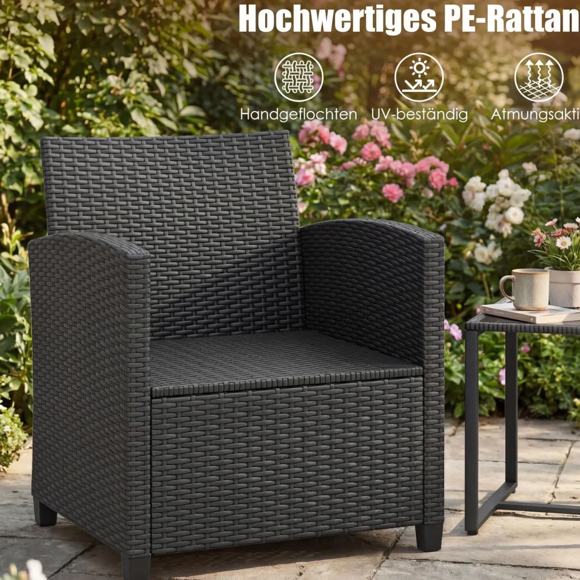 Rattan Gartenmöbel Set inkl. 2 Stühle mit Kissen & Tisch aus Glas Outdoor Sitzgruppe Schwarz-Grau