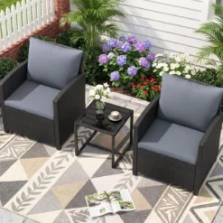 Rattan Gartenmöbel Set inkl. 2 Stühle mit Kissen & Tisch aus Glas Outdoor Sitzgruppe Schwarz-Grau