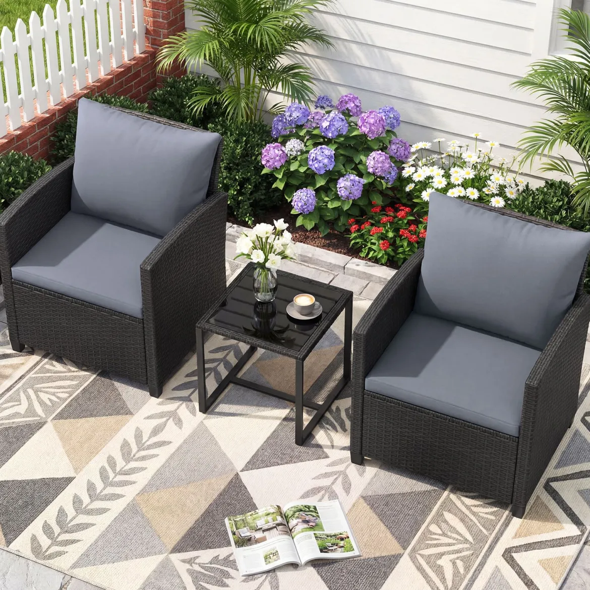 Rattan Gartenmöbel Set inkl. 2 Stühle mit Kissen & Tisch aus Glas Outdoor Sitzgruppe Schwarz-Grau