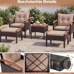 Rattan Gartenmöbel Set inkl. 2 Stühle mit Hocker & Tisch & Kissen Akazienholz Balkonset Beige