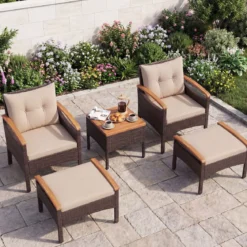 Rattan Gartenmöbel Set inkl. 2 Stühle mit Hocker & Tisch & Kissen Akazienholz Balkonset Beige