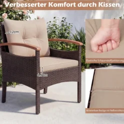 Rattan Gartenmöbel Set inkl. 2 Stühle mit Hocker & Tisch & Kissen Akazienholz Balkonset Beige