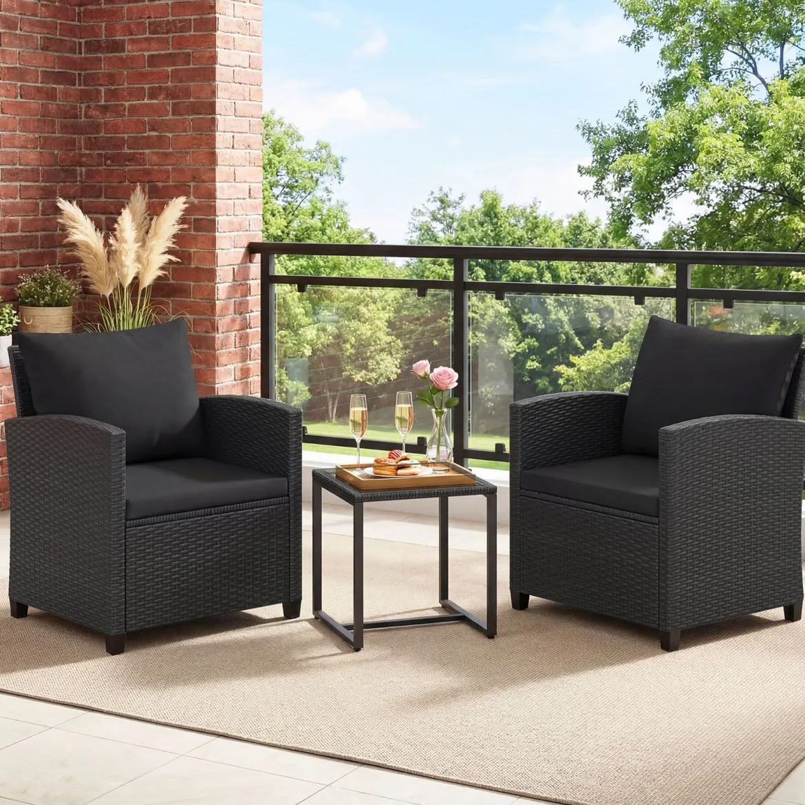 Rattan Gartenmöbel Set inkl. 2 Stühle mit Kissen & Tisch aus Glas Outdoor Sitzgruppe Schwarz-Schwarz