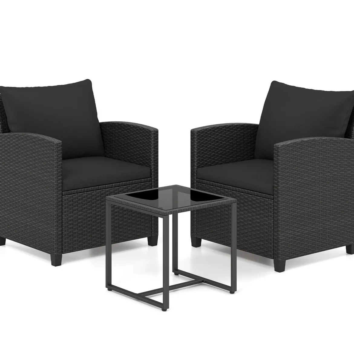 Rattan Gartenmöbel Set inkl. 2 Stühle mit Kissen & Tisch aus Glas Outdoor Sitzgruppe Schwarz-Schwarz
