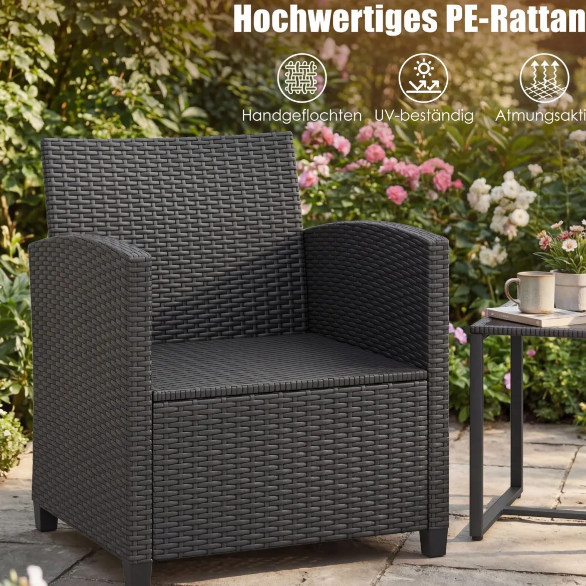 Rattan Gartenmöbel Set inkl. 2 Stühle mit Kissen & Tisch aus Glas Outdoor Sitzgruppe Schwarz-Schwarz