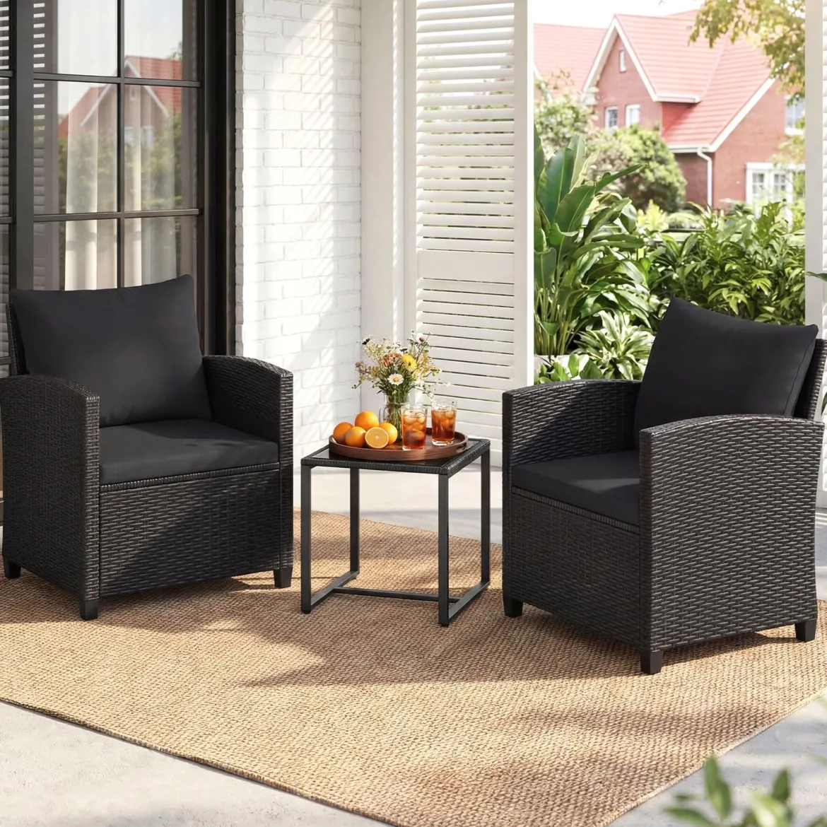 Rattan Gartenmöbel Set inkl. 2 Stühle mit Kissen & Tisch aus Glas Outdoor Sitzgruppe Schwarz-Schwarz