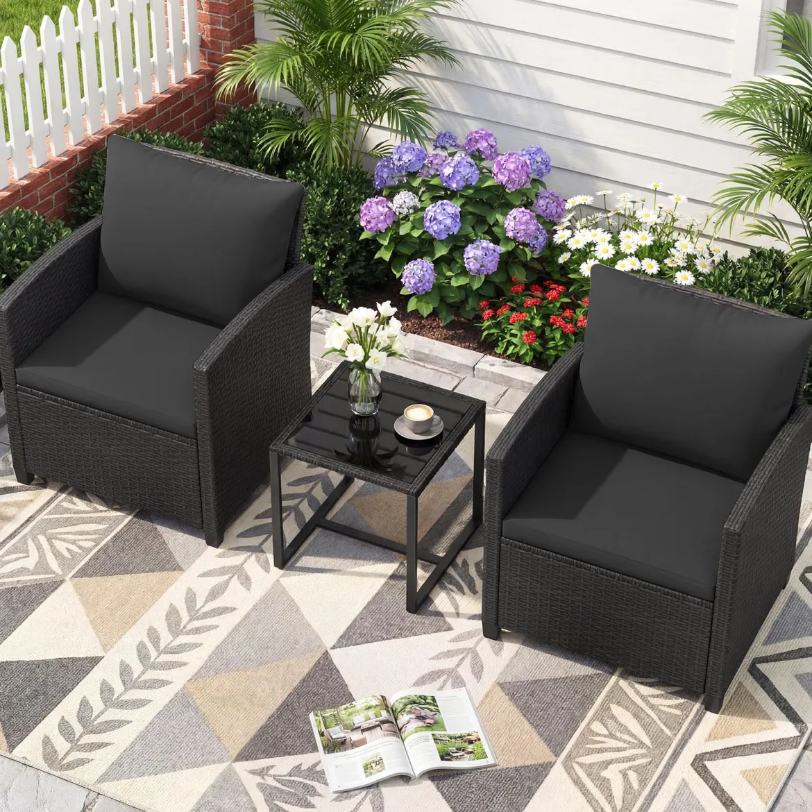 Rattan Gartenmöbel Set inkl. 2 Stühle mit Kissen & Tisch aus Glas Outdoor Sitzgruppe Schwarz-Schwarz