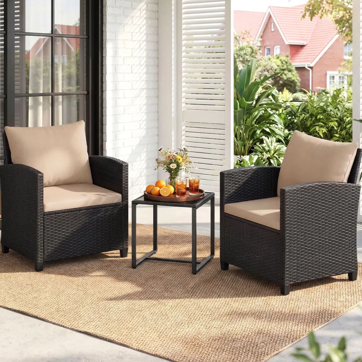 Rattan Gartenmöbel Set inkl. 2 Stühle mit Kissen & Tisch aus Glas Outdoor Sitzgruppe Schwarz-Khaki