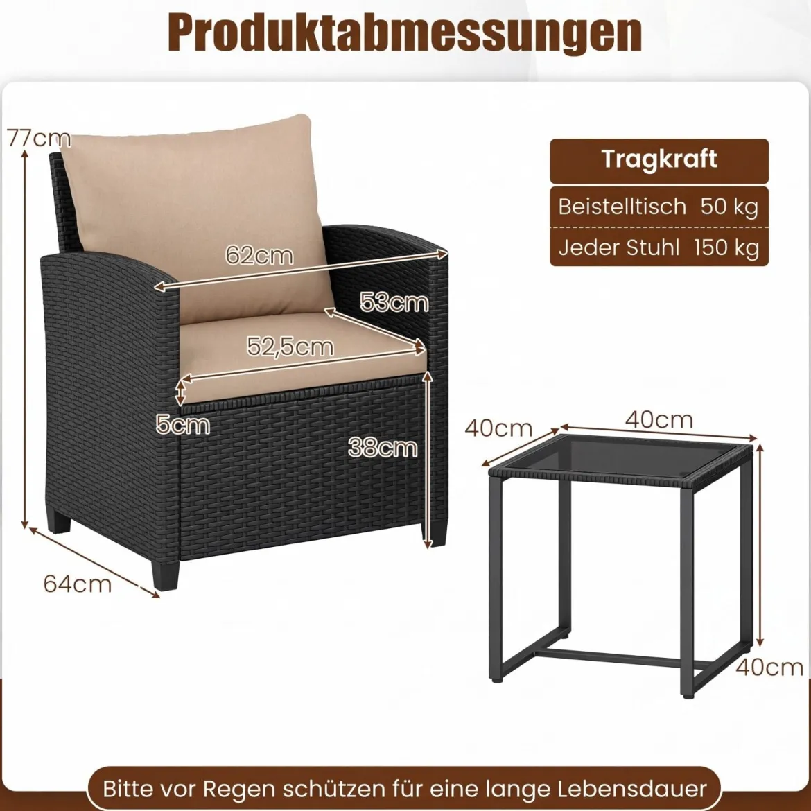 Rattan Gartenmöbel Set inkl. 2 Stühle mit Kissen & Tisch aus Glas Outdoor Sitzgruppe Schwarz-Khaki