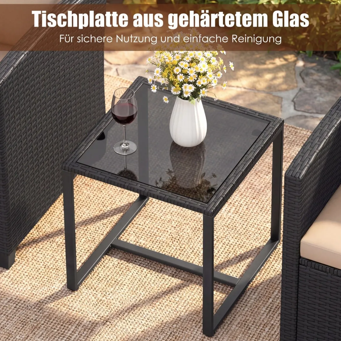 Rattan Gartenmöbel Set inkl. 2 Stühle mit Kissen & Tisch aus Glas Outdoor Sitzgruppe Schwarz-Khaki