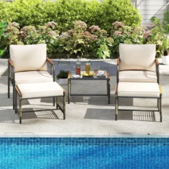 Rattan Gartenmöbel Set inkl. 2 Stühle mit Kissen & Hocker & Tisch Gartengarnitur Sitzgruppe Beige