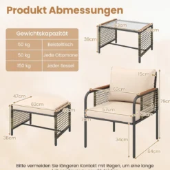 Rattan Gartenmöbel Set inkl. 2 Stühle mit Kissen & Hocker & Tisch Gartengarnitur Sitzgruppe Beige
