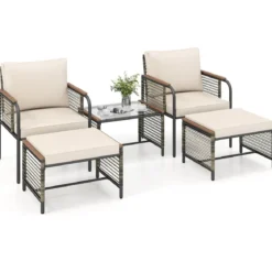 Rattan Gartenmöbel Set inkl. 2 Stühle mit Kissen & Hocker & Tisch Gartengarnitur Sitzgruppe Beige