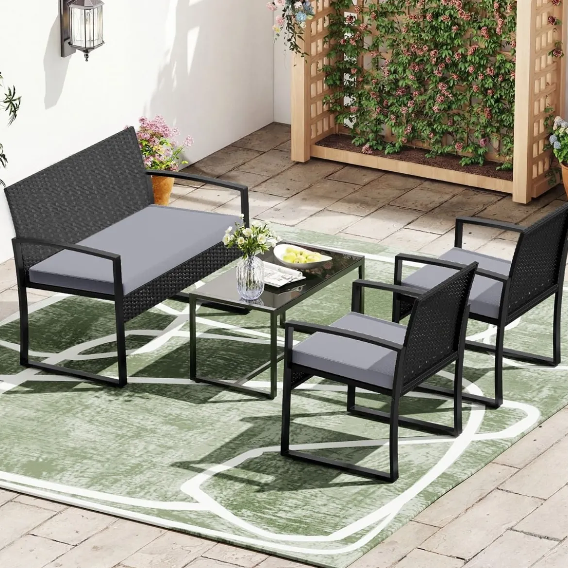 Rattan Gartenmöbel Set mit 2 Sessel & Bank & Tisch & Sitzkissen Outdoor Lounge Möbel Grau