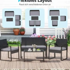 Rattan Gartenmöbel Set mit 2 Sessel & Bank & Tisch & Sitzkissen Outdoor Lounge Möbel Grau