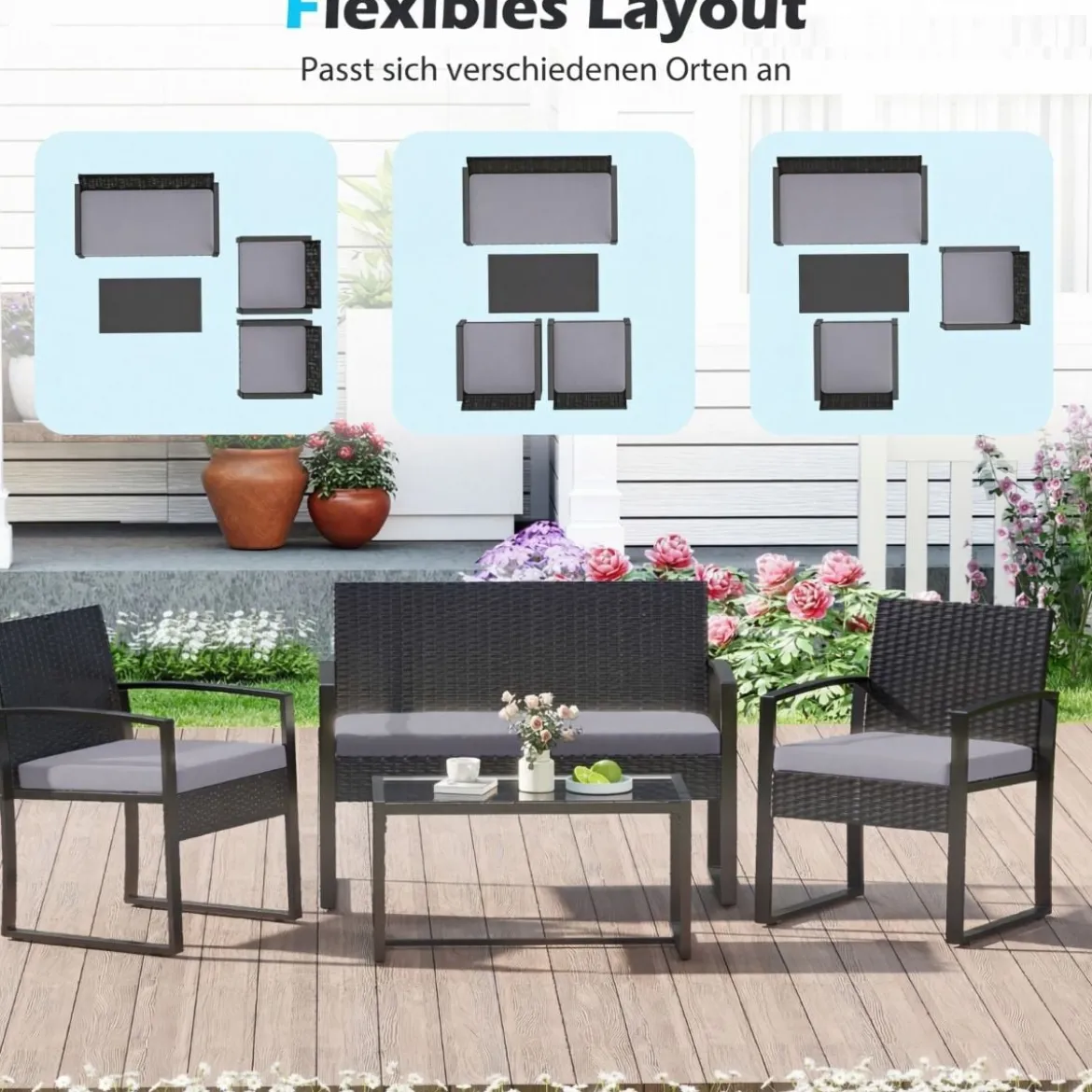Rattan Gartenmöbel Set mit 2 Sessel & Bank & Tisch & Sitzkissen Outdoor Lounge Möbel Grau