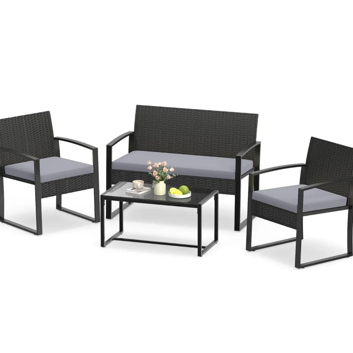 Rattan Gartenmöbel Set mit 2 Sessel & Bank & Tisch & Sitzkissen Outdoor Lounge Möbel Grau