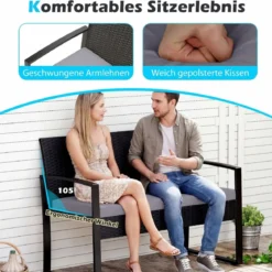 Rattan Gartenmöbel Set mit 2 Sessel & Bank & Tisch & Sitzkissen Outdoor Lounge Möbel Grau