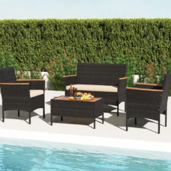 Rattan Gartenmöbel Set mit 2 Sessel & Bank & Tisch & Kissen Outdoor Lounge Möbel Sitzgarnitur