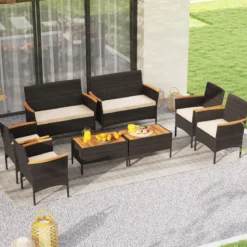 Rattan Gartenmöbel Set mit 2 Sessel & Bank & Tisch & Kissen Outdoor Lounge Möbel Sitzgarnitur