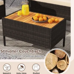 Rattan Gartenmöbel Set mit 2 Sessel & Bank & Tisch & Kissen Outdoor Lounge Möbel Sitzgarnitur