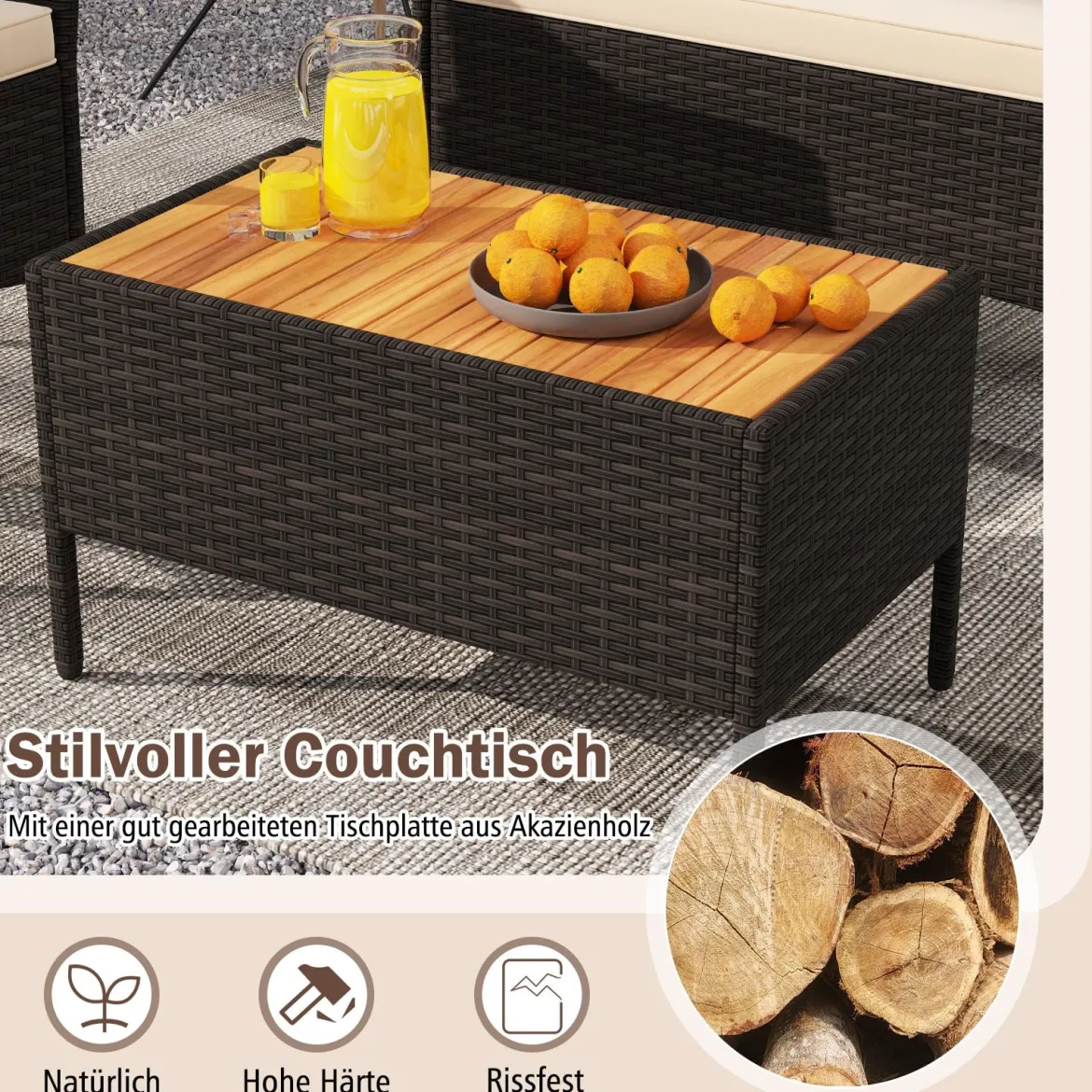 Rattan Gartenmöbel Set mit 2 Sessel & Bank & Tisch & Kissen Outdoor Lounge Möbel Sitzgarnitur