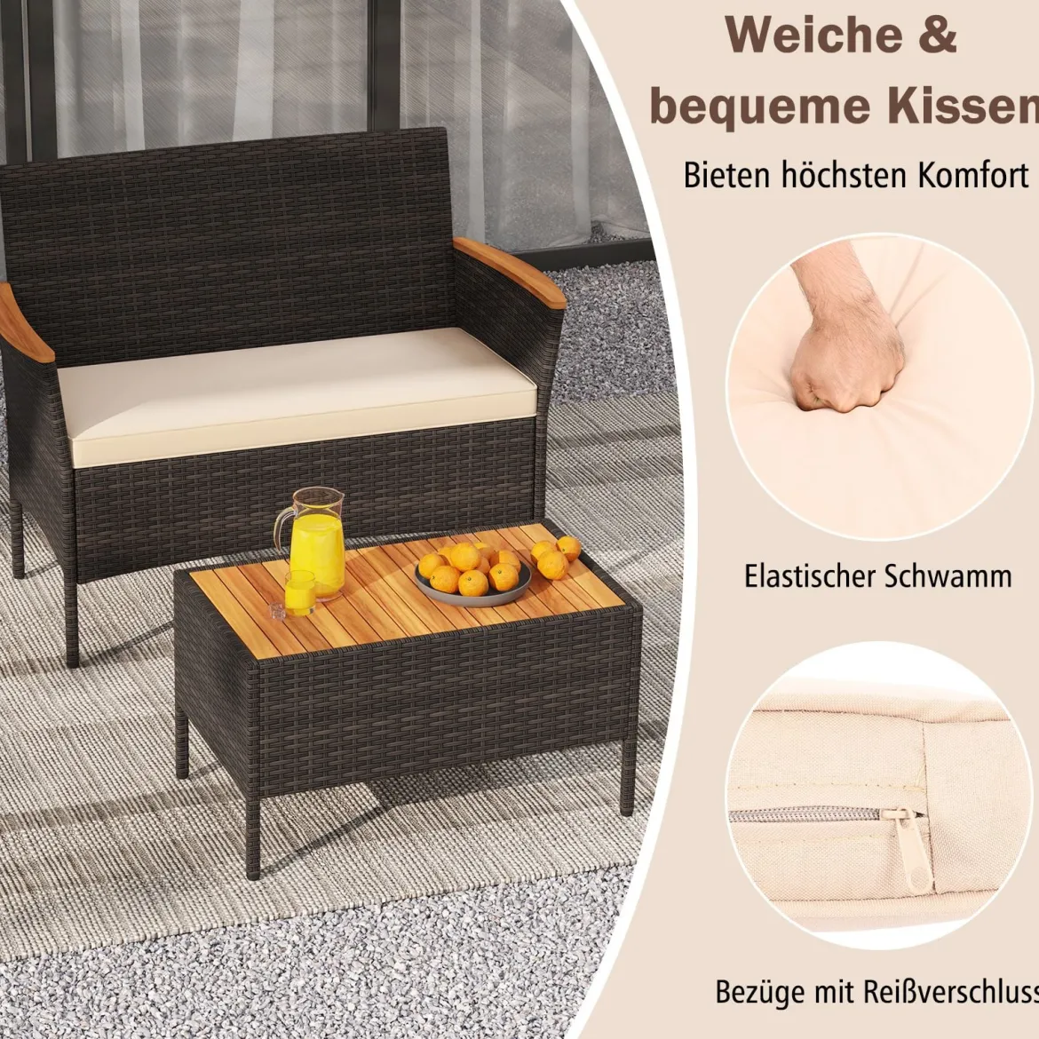 Rattan Gartenmöbel Set mit 2 Sessel & Bank & Tisch & Kissen Outdoor Lounge Möbel Sitzgarnitur