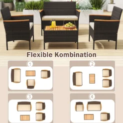 Rattan Gartenmöbel Set mit 2 Sessel & Bank & Tisch & Kissen Outdoor Lounge Möbel Sitzgarnitur