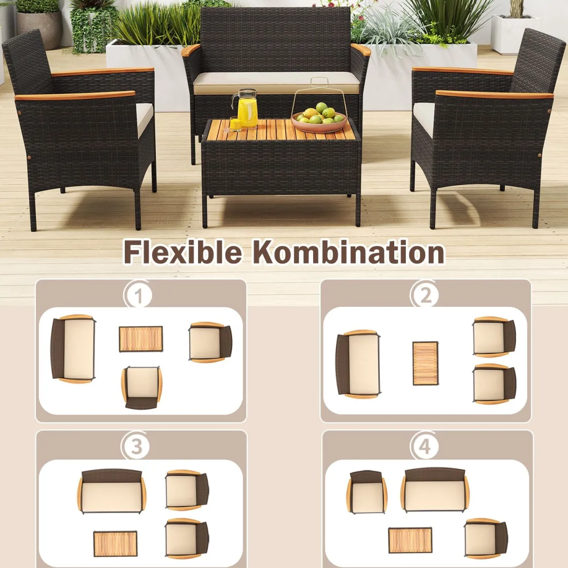 Rattan Gartenmöbel Set mit 2 Sessel & Bank & Tisch & Kissen Outdoor Lounge Möbel Sitzgarnitur