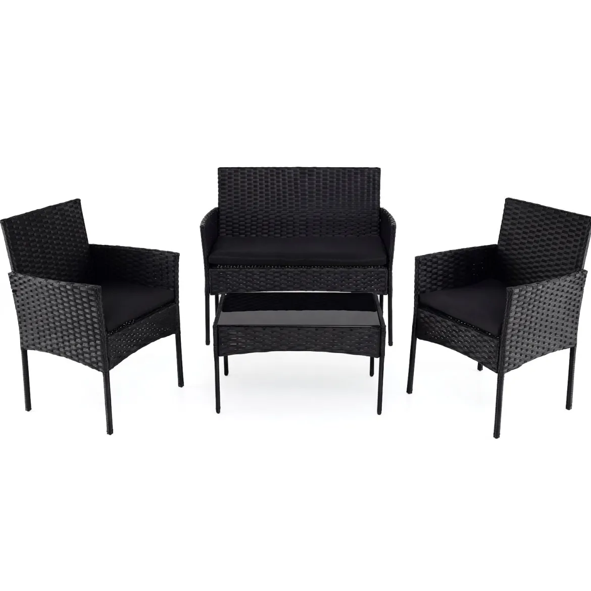 Rattan Gartenmöbel Set mit 2 Stühlen & Bank & Tisch & Kissen Sitzgruppe Gartengarnitur Schwarz