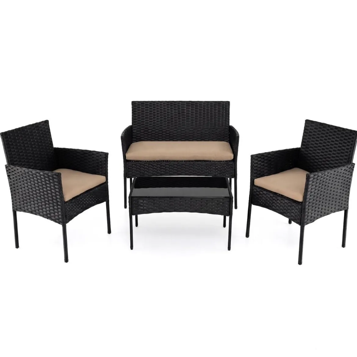 Rattan Gartenmöbel Set mit 2 Stühlen & Bank & Tisch & Kissen Sitzgruppe Gartengarnitur Khaki