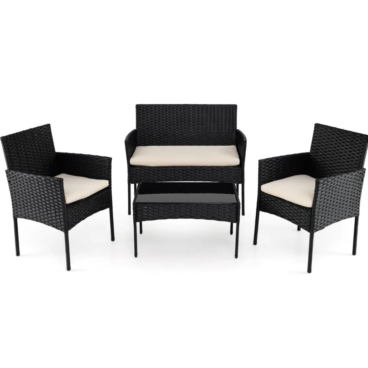 Rattan Gartenmöbel Set mit 2 Stühlen & Bank & Tisch & Kissen Sitzgruppe Gartengarnitur Beige