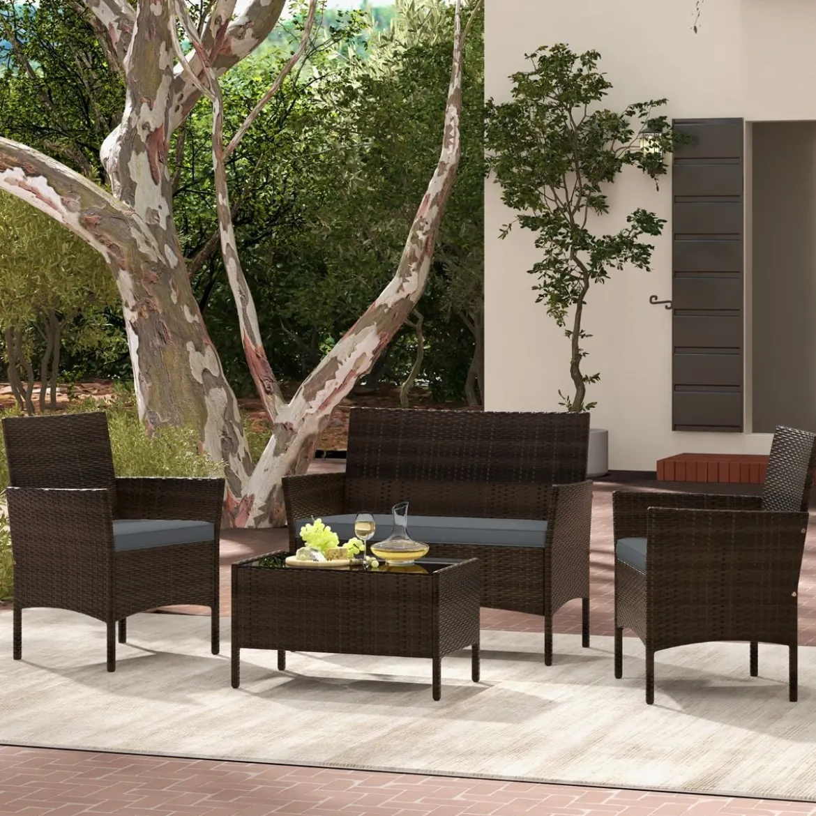 Rattan Gartenmöbel Set Sitzgruppe mit 2 Sessel & Bank & Tisch & Sitzkissen Sitzgarnitur Grau