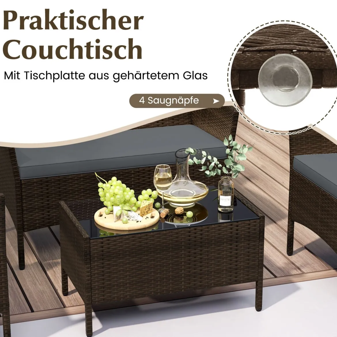 Rattan Gartenmöbel Set Sitzgruppe mit 2 Sessel & Bank & Tisch & Sitzkissen Sitzgarnitur Grau