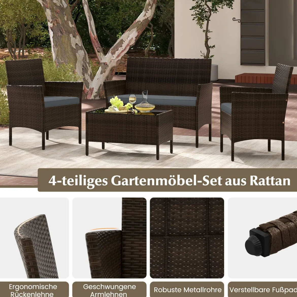 Rattan Gartenmöbel Set Sitzgruppe mit 2 Sessel & Bank & Tisch & Sitzkissen Sitzgarnitur Grau