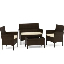 Rattan Gartenmöbel Set Sitzgruppe mit 2 Sessel & Bank & Tisch & Sitzkissen Sitzgarnitur Braun