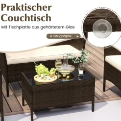Rattan Gartenmöbel Set Sitzgruppe mit 2 Sessel & Bank & Tisch & Sitzkissen Sitzgarnitur Braun