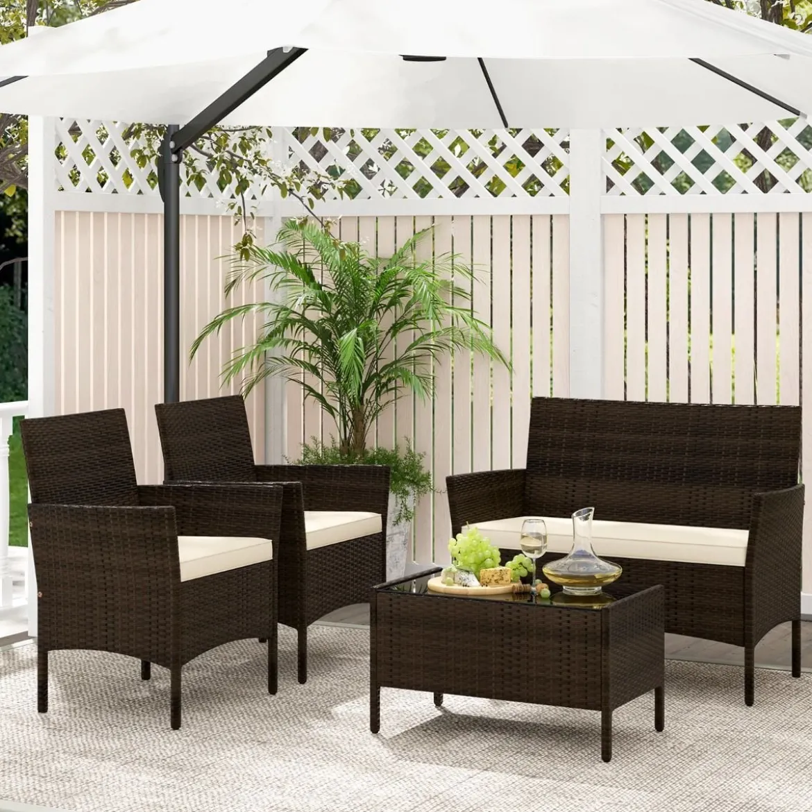 Rattan Gartenmöbel Set Sitzgruppe mit 2 Sessel & Bank & Tisch & Sitzkissen Sitzgarnitur Braun