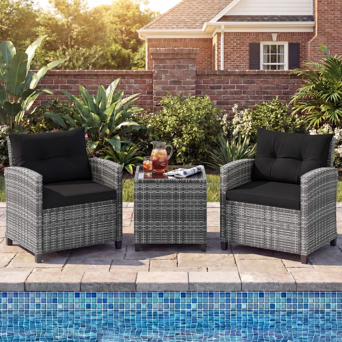 Rattan Gartenmöbel Set 3-Teiliges Balkonmöbel mit 2 Sessel und Tisch mit Sicherheitsglas-Tischplatte